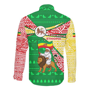 Ethiopia Christmas Long Sleeve Button Shirt Santa Riding Lion Ethiopian Flag Colors and Tribal - African Pride