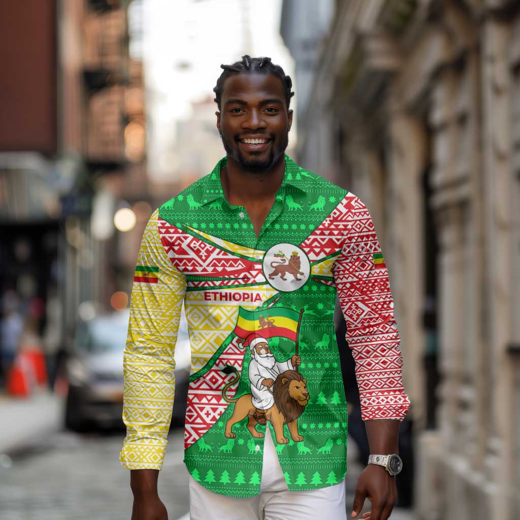 Ethiopia Christmas Long Sleeve Button Shirt Santa Riding Lion Ethiopian Flag Colors and Tribal - African Pride