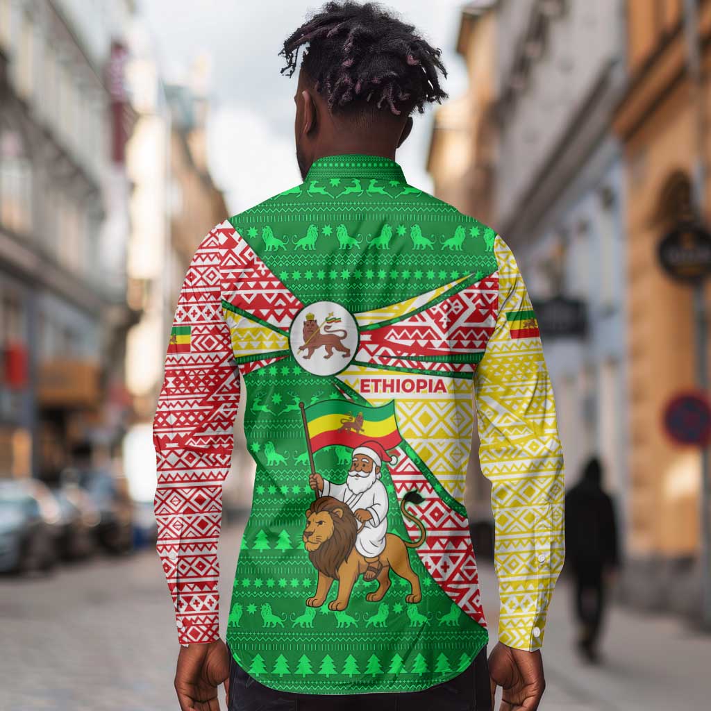 Ethiopia Christmas Long Sleeve Button Shirt Santa Riding Lion Ethiopian Flag Colors and Tribal - African Pride