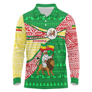 Ethiopia Christmas Long Sleeve Polo Shirt Santa Riding Lion Ethiopian Flag Colors and Tribal - African Pride