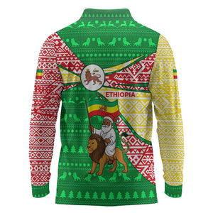 Ethiopia Christmas Long Sleeve Polo Shirt Santa Riding Lion Ethiopian Flag Colors and Tribal - African Pride