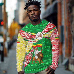 Ethiopia Christmas Long Sleeve Shirt Santa Riding Lion Ethiopian Flag Colors and Tribal - African Pride