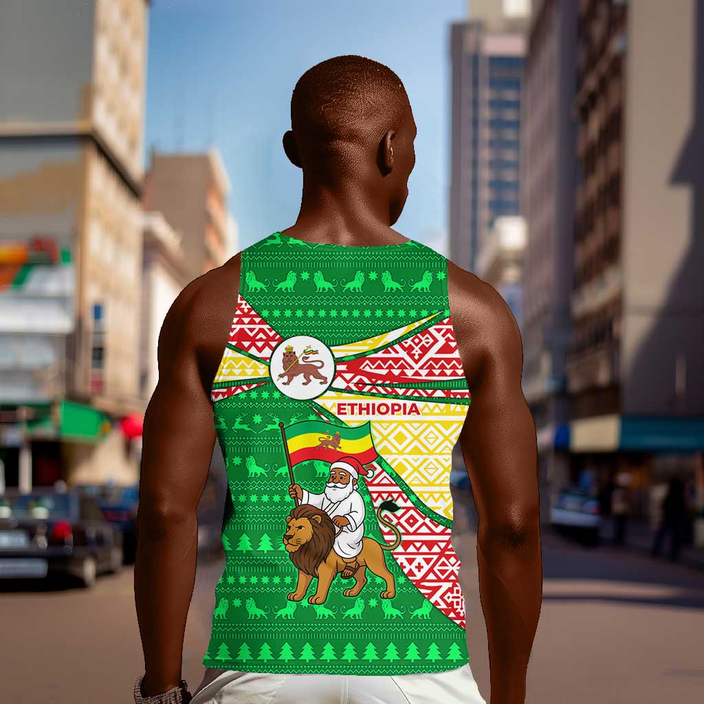 Ethiopia Christmas Men Tank Top Santa Riding Lion Ethiopian Flag Colors and Tribal - African Pride