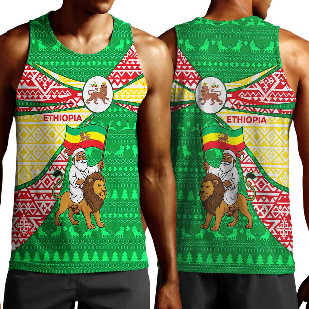Ethiopia Christmas Men Tank Top Santa Riding Lion Ethiopian Flag Colors and Tribal - African Pride