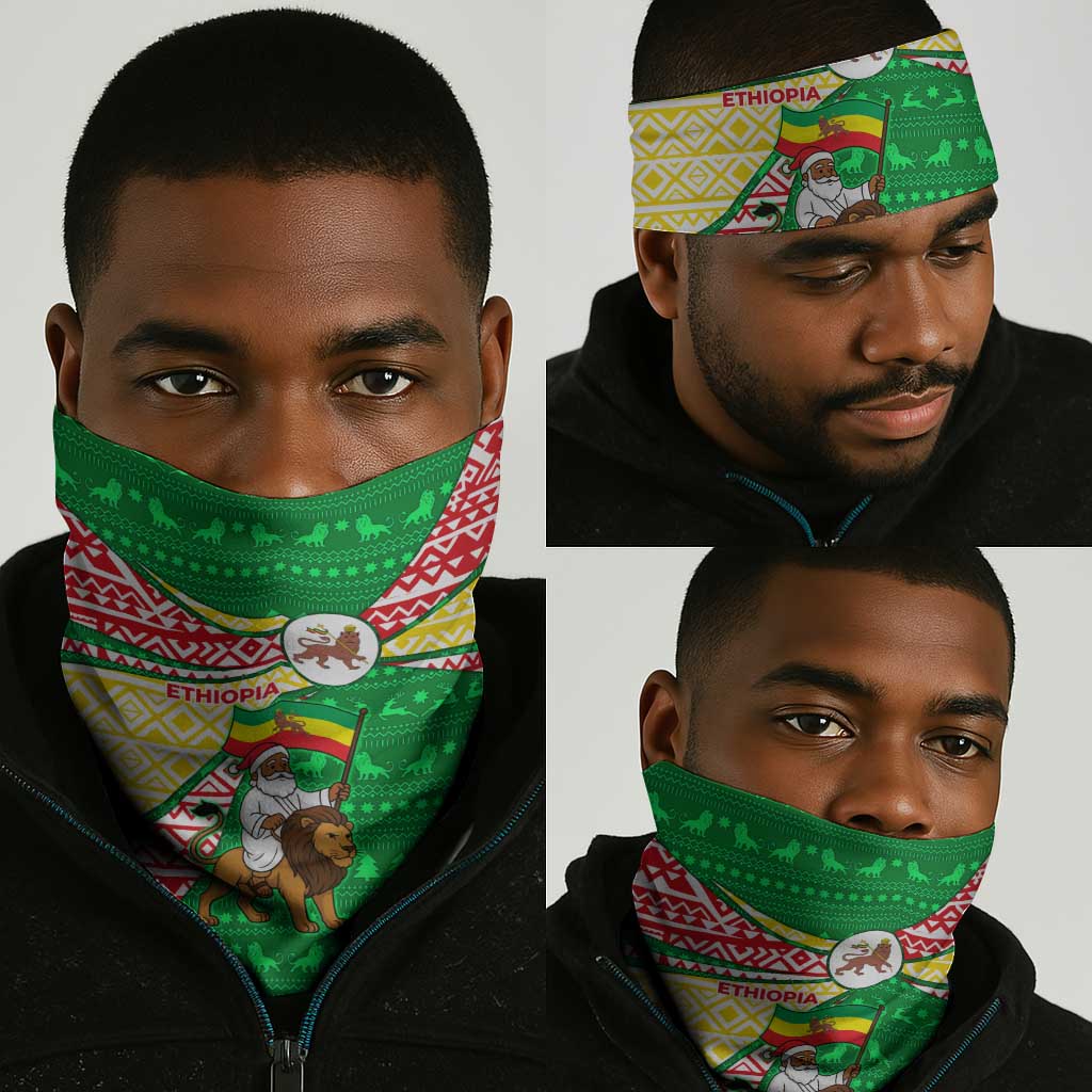 Ethiopia Christmas Neck Gaiter Santa Riding Lion Ethiopian Flag Colors and Tribal - African Pride