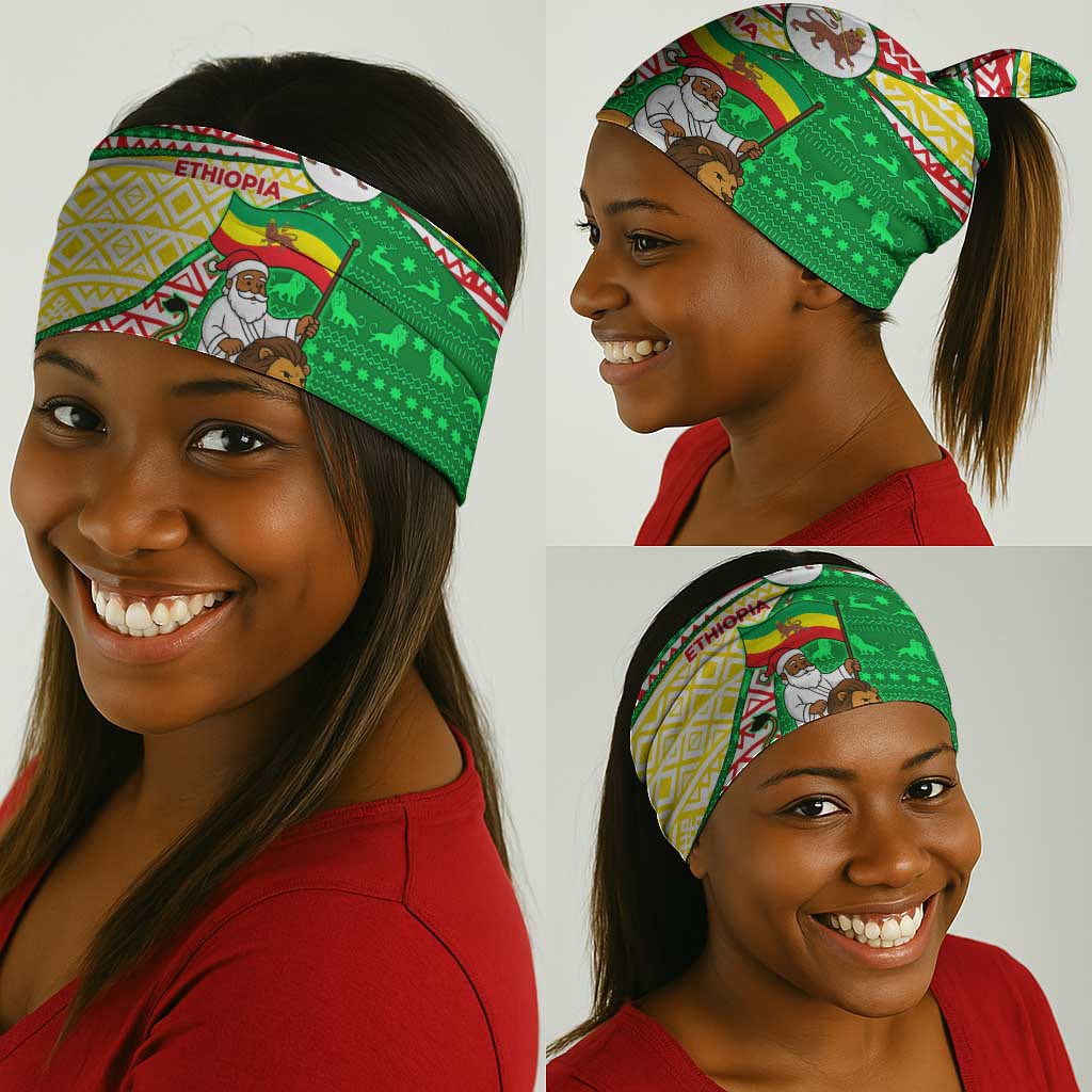 Ethiopia Christmas Neck Gaiter Santa Riding Lion Ethiopian Flag Colors and Tribal - African Pride