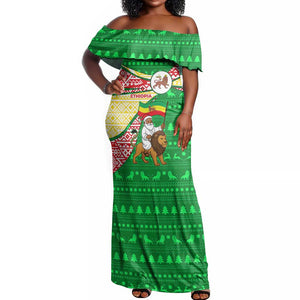 Ethiopia Christmas Off Shoulder Maxi Dress Santa Riding Lion Ethiopian Flag Colors and Tribal - African Pride