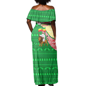 Ethiopia Christmas Off Shoulder Maxi Dress Santa Riding Lion Ethiopian Flag Colors and Tribal - African Pride