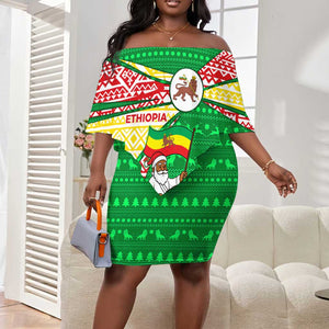 Ethiopia Christmas Off Shoulder Short Dress Santa Riding Lion Ethiopian Flag Colors and Tribal - African Pride
