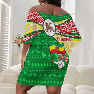 Ethiopia Christmas Off Shoulder Short Dress Santa Riding Lion Ethiopian Flag Colors and Tribal - African Pride