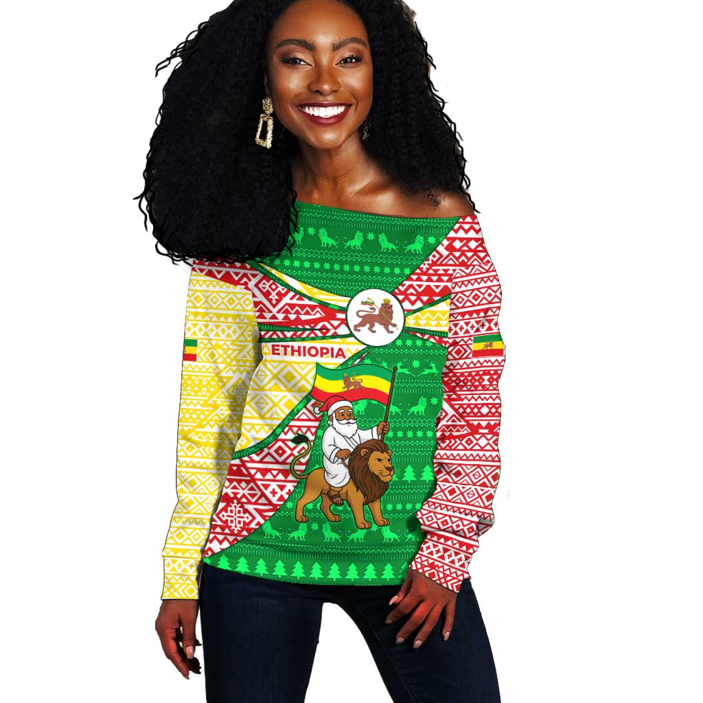 Ethiopia Christmas Off Shoulder Sweater Santa Riding Lion Ethiopian Flag Colors and Tribal - African Pride
