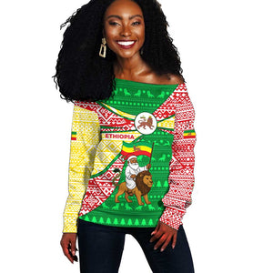 Ethiopia Christmas Off Shoulder Sweater Santa Riding Lion Ethiopian Flag Colors and Tribal - African Pride