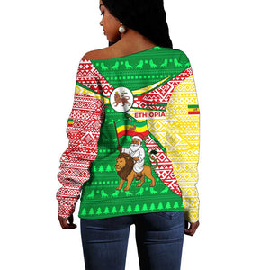 Ethiopia Christmas Off Shoulder Sweater Santa Riding Lion Ethiopian Flag Colors and Tribal - African Pride