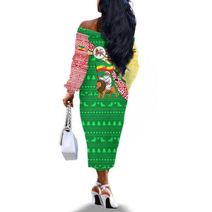 Ethiopia Christmas Off The Shoulder Long Sleeve Dress Santa Riding Lion Ethiopian Flag Colors and Tribal - African Pride