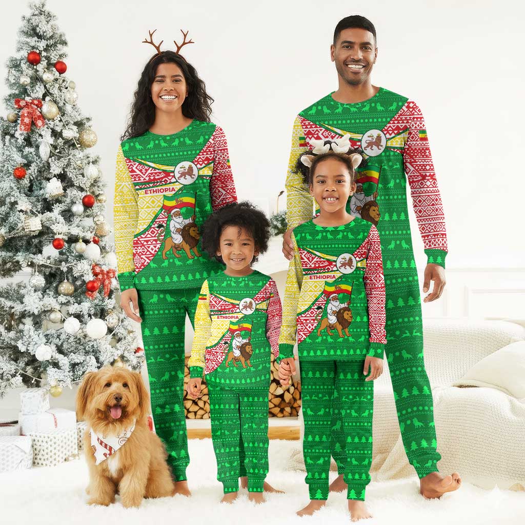 Ethiopia Christmas Pajama Set Santa Riding Lion Ethiopian Flag Colors and Tribal - African Pride