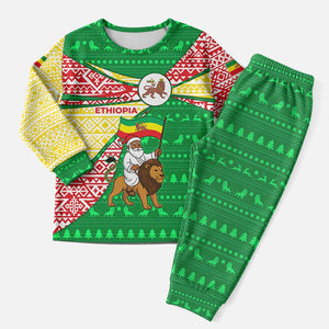 Ethiopia Christmas Pajama Set Santa Riding Lion Ethiopian Flag Colors and Tribal - African Pride