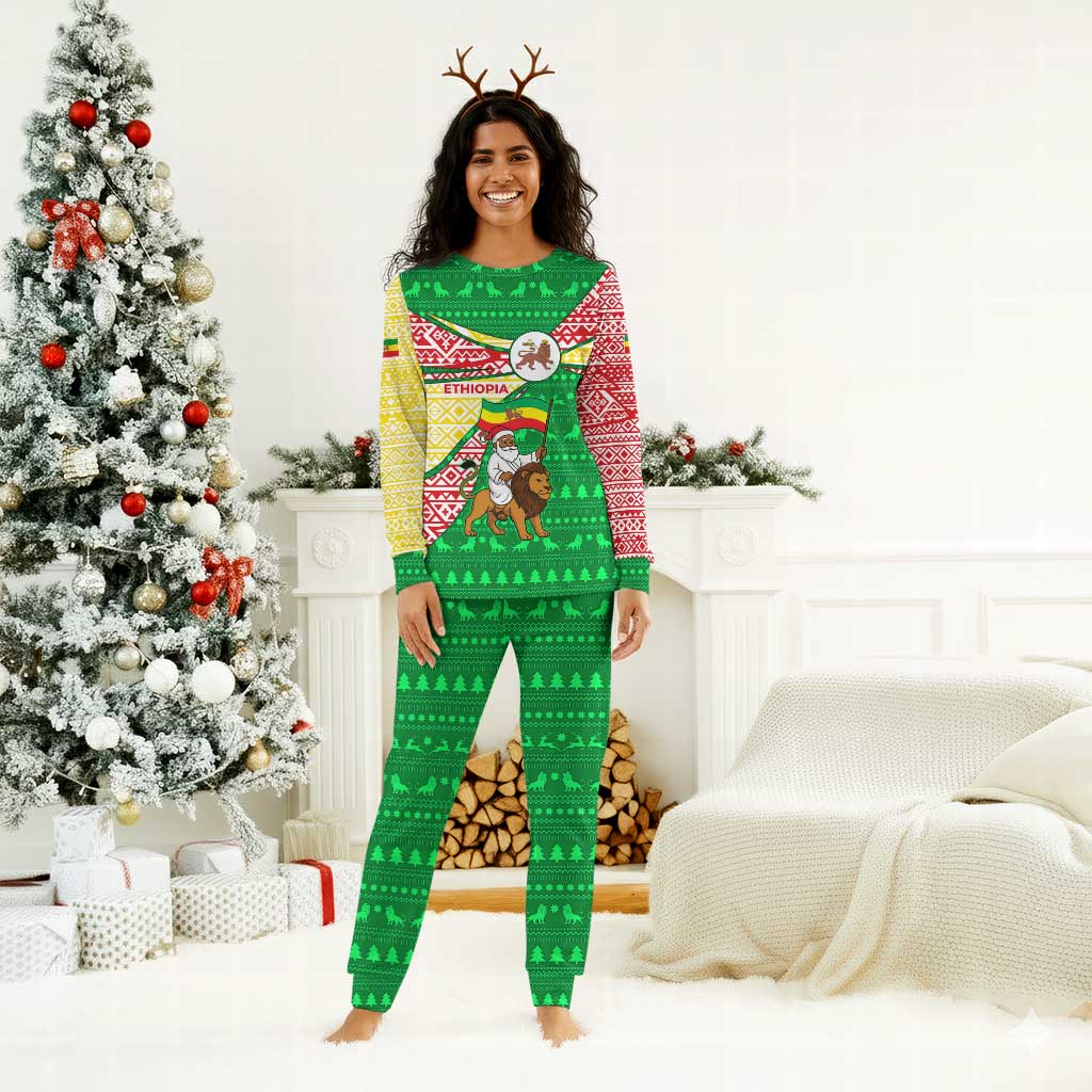 Ethiopia Christmas Pajama Set Santa Riding Lion Ethiopian Flag Colors and Tribal - African Pride