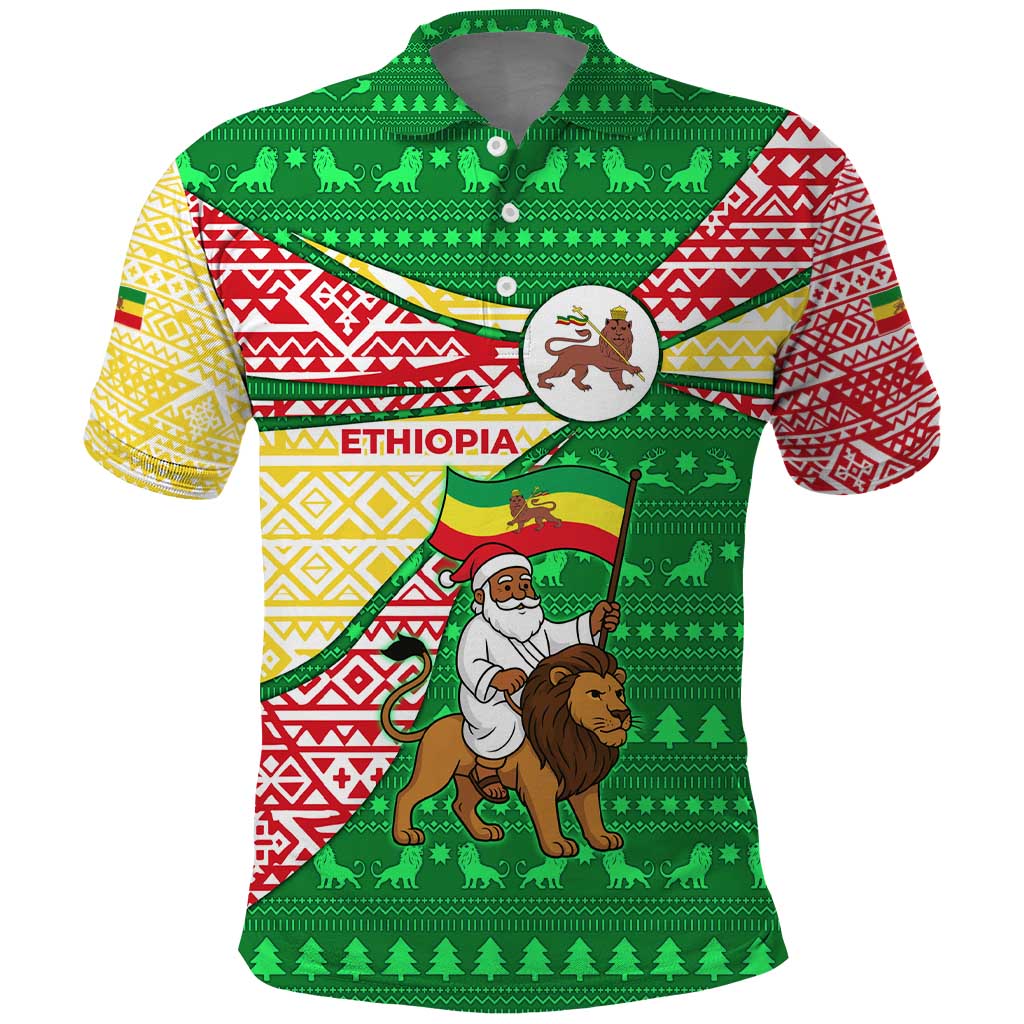 Ethiopia Christmas Polo Shirt Santa Riding Lion Ethiopian Flag Colors and Tribal - African Pride