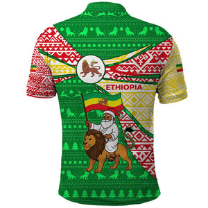 Ethiopia Christmas Polo Shirt Santa Riding Lion Ethiopian Flag Colors and Tribal - African Pride
