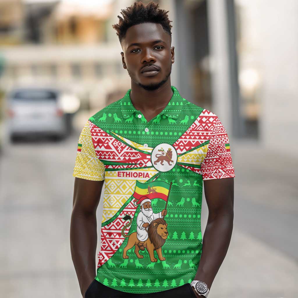 Ethiopia Christmas Polo Shirt Santa Riding Lion Ethiopian Flag Colors and Tribal - African Pride