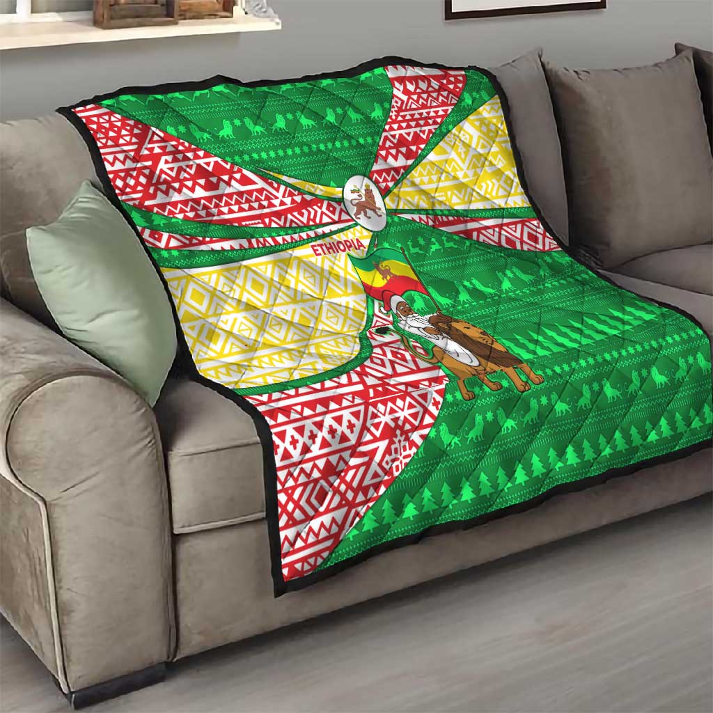 Ethiopia Christmas Quilt Santa Riding Lion Ethiopian Flag Colors and Tribal - African Pride