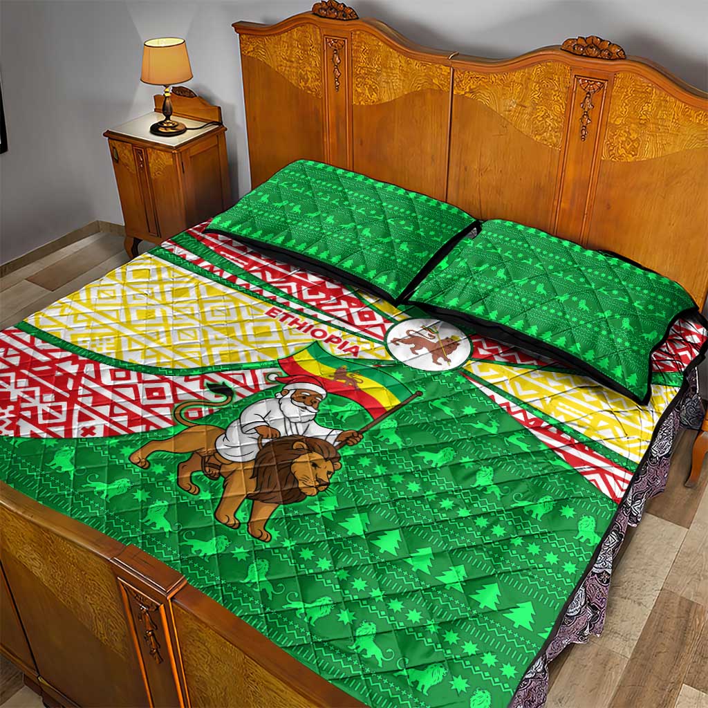 Ethiopia Christmas Quilt Bed Set Santa Riding Lion Ethiopian Flag Colors and Tribal - African Pride