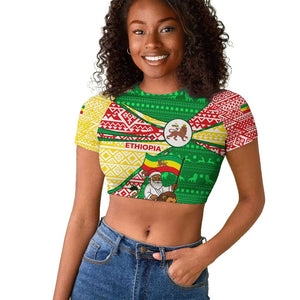 Ethiopia Christmas Raglan Cropped T shirt Santa Riding Lion Ethiopian Flag Colors and Tribal - African Pride