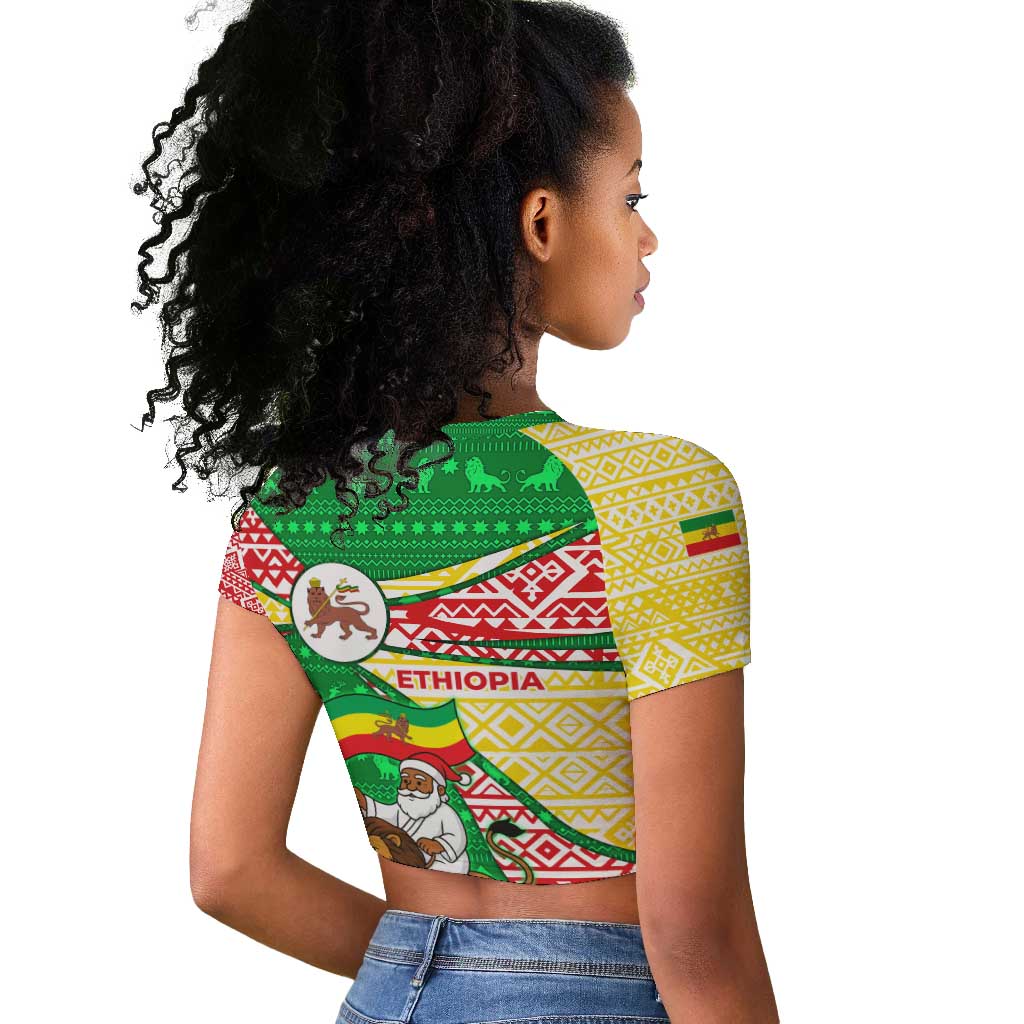 Ethiopia Christmas Raglan Cropped T shirt Santa Riding Lion Ethiopian Flag Colors and Tribal - African Pride