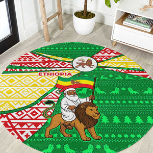 Ethiopia Christmas Round Carpet Santa Riding Lion Ethiopian Flag Colors and Tribal - African Pride