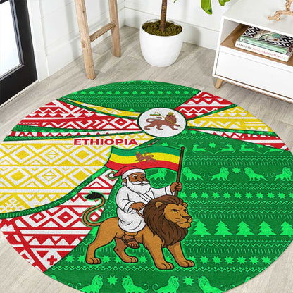 Ethiopia Christmas Round Carpet Santa Riding Lion Ethiopian Flag Colors and Tribal - African Pride