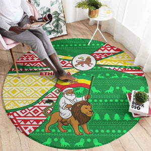 Ethiopia Christmas Round Carpet Santa Riding Lion Ethiopian Flag Colors and Tribal - African Pride