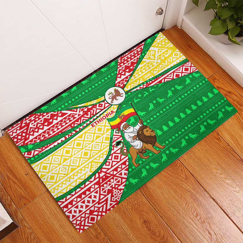 Ethiopia Christmas Rubber Doormat Santa Riding Lion Ethiopian Flag Colors and Tribal - African Pride