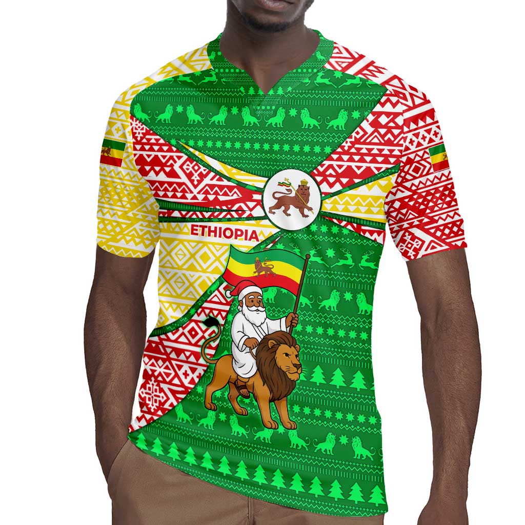 Ethiopia Christmas Rugby Jersey Santa Riding Lion Ethiopian Flag Colors and Tribal - African Pride