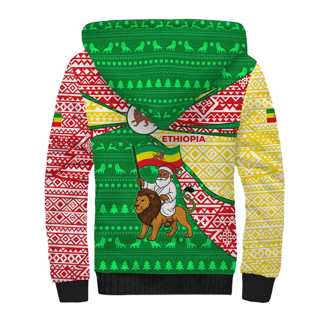 Ethiopia Christmas Sherpa Hoodie Santa Riding Lion Ethiopian Flag Colors and Tribal - African Pride