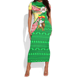Ethiopia Christmas Short Sleeve Bodycon Dress Santa Riding Lion Ethiopian Flag Colors and Tribal - African Pride