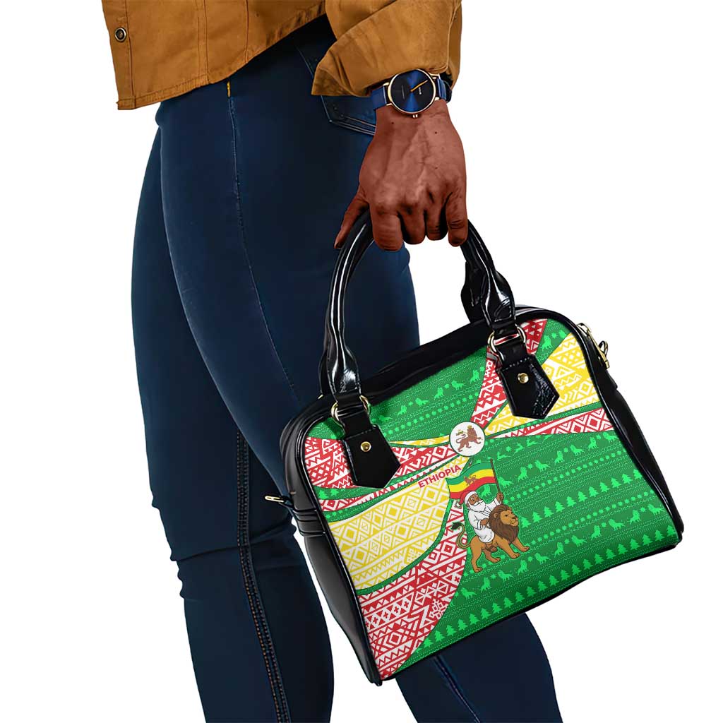 Ethiopia Christmas Shoulder Handbag Santa Riding Lion Ethiopian Flag Colors and Tribal - African Pride