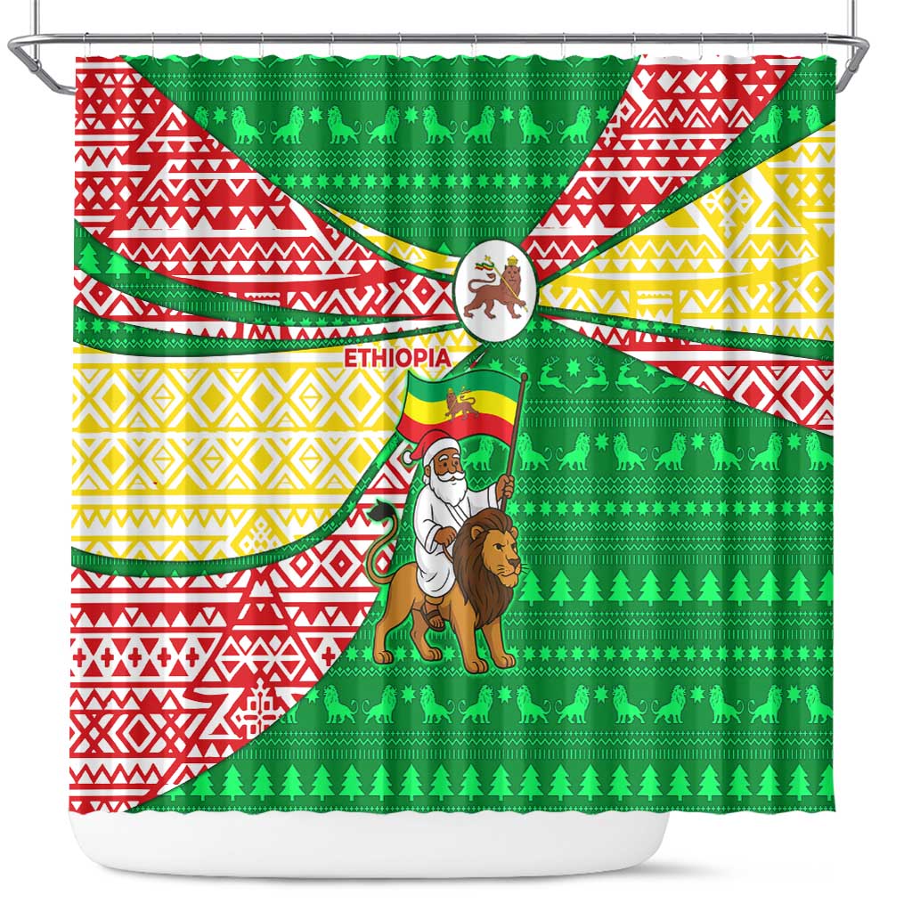 Ethiopia Christmas Shower Curtain Santa Riding Lion Ethiopian Flag Colors and Tribal - African Pride