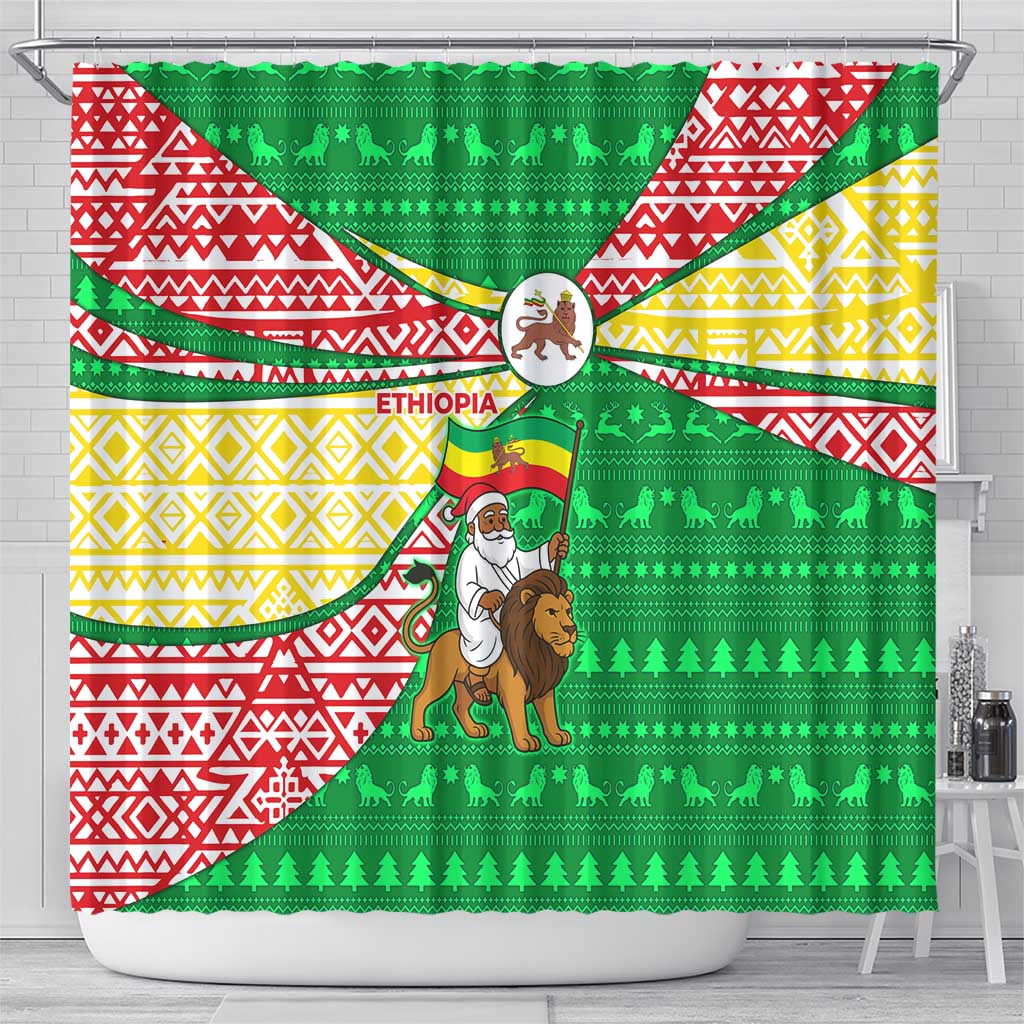 Ethiopia Christmas Shower Curtain Santa Riding Lion Ethiopian Flag Colors and Tribal - African Pride