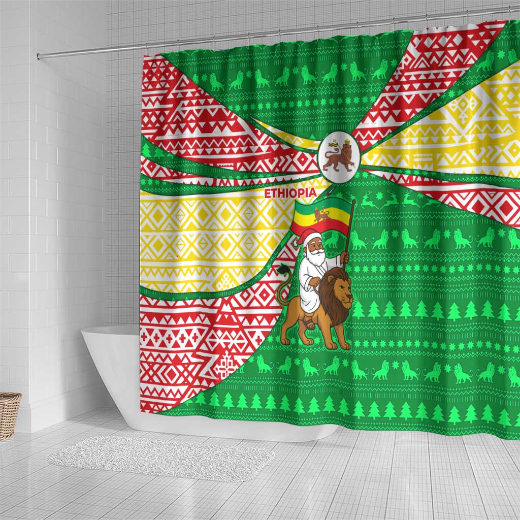 Ethiopia Christmas Shower Curtain Santa Riding Lion Ethiopian Flag Colors and Tribal - African Pride