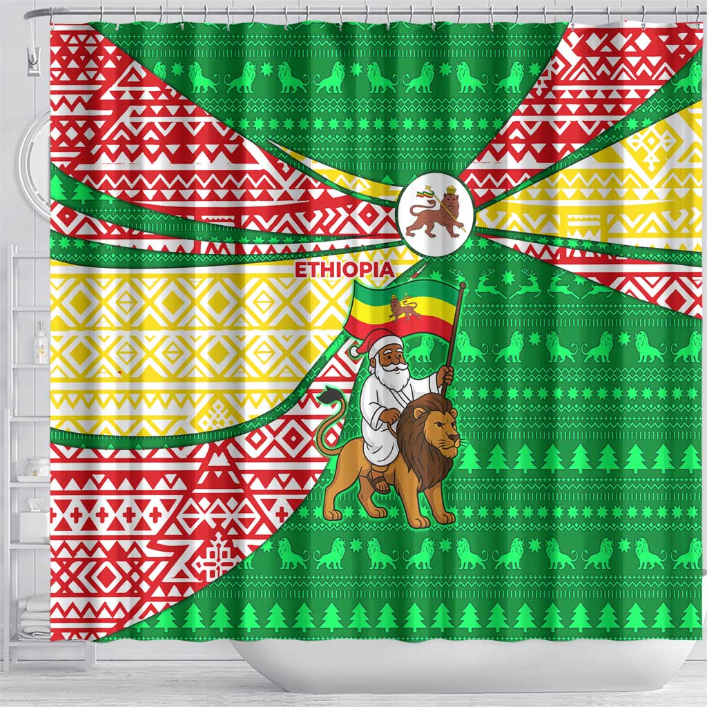 Ethiopia Christmas Shower Curtain Santa Riding Lion Ethiopian Flag Colors and Tribal - African Pride