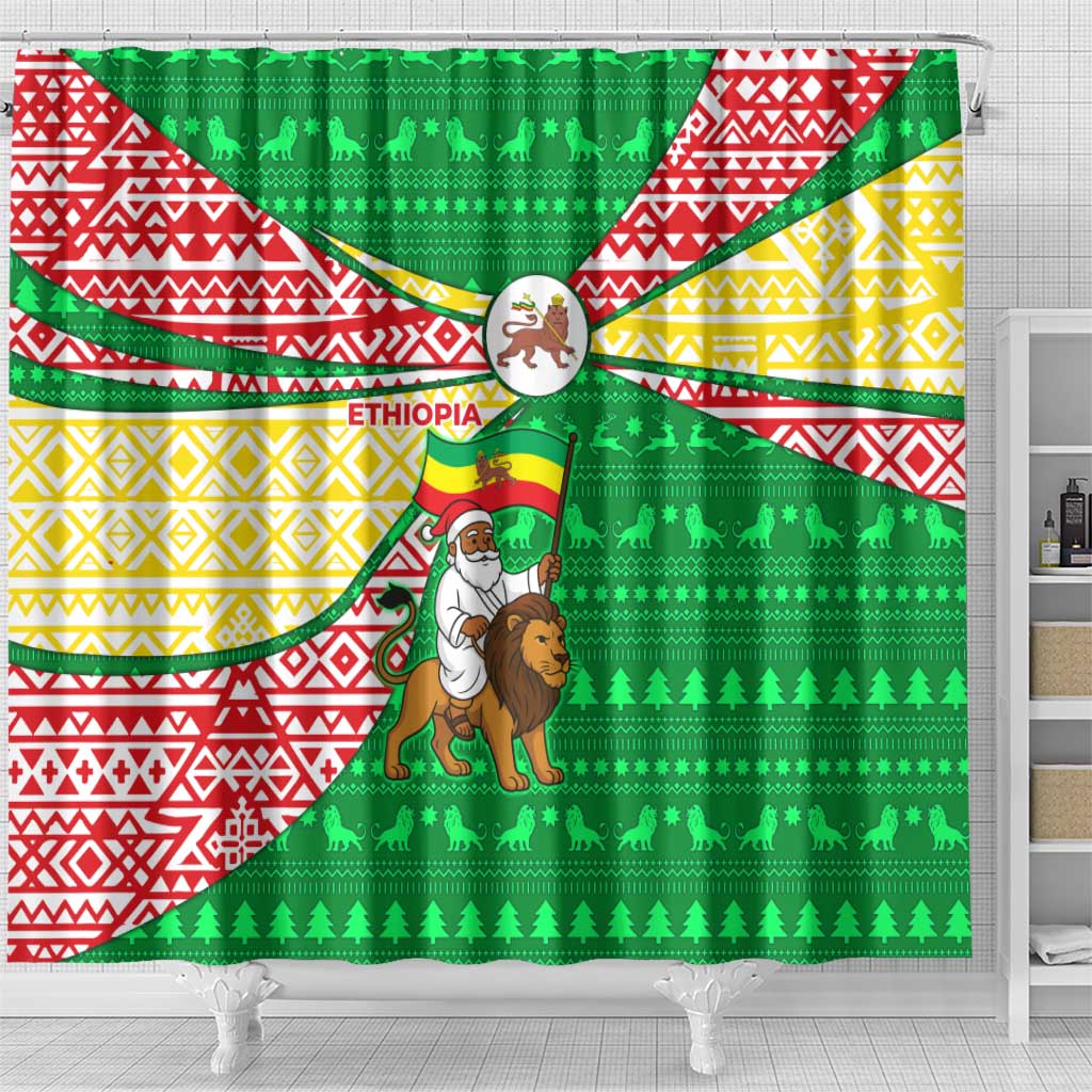 Ethiopia Christmas Shower Curtain Santa Riding Lion Ethiopian Flag Colors and Tribal - African Pride