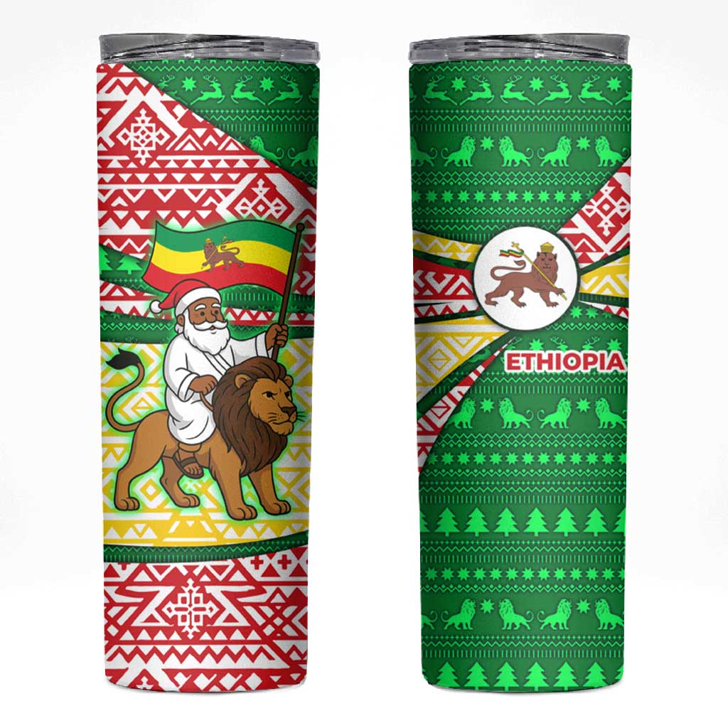 Ethiopia Christmas Skinny Tumbler Santa Riding Lion Ethiopian Flag Colors and Tribal - African Pride