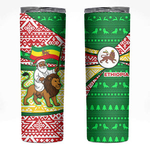 Ethiopia Christmas Skinny Tumbler Santa Riding Lion Ethiopian Flag Colors and Tribal - African Pride