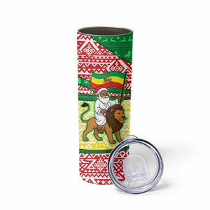 Ethiopia Christmas Skinny Tumbler Santa Riding Lion Ethiopian Flag Colors and Tribal - African Pride