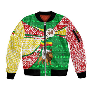 Ethiopia Christmas Sleeve Zip Bomber Jacket Santa Riding Lion Ethiopian Flag Colors and Tribal - African Pride