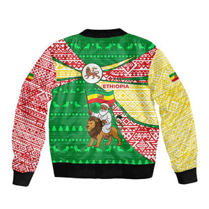 Ethiopia Christmas Sleeve Zip Bomber Jacket Santa Riding Lion Ethiopian Flag Colors and Tribal - African Pride