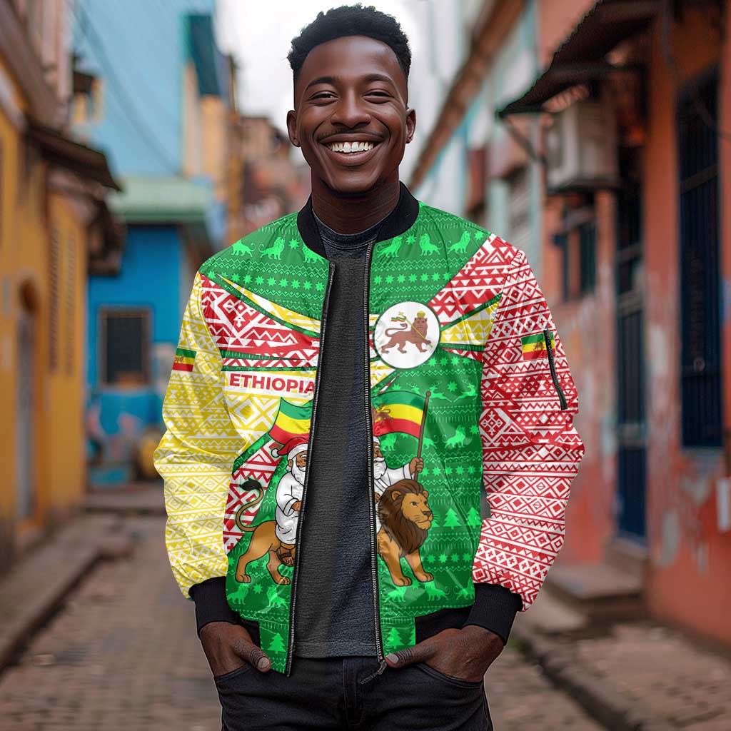 Ethiopia Christmas Sleeve Zip Bomber Jacket Santa Riding Lion Ethiopian Flag Colors and Tribal - African Pride