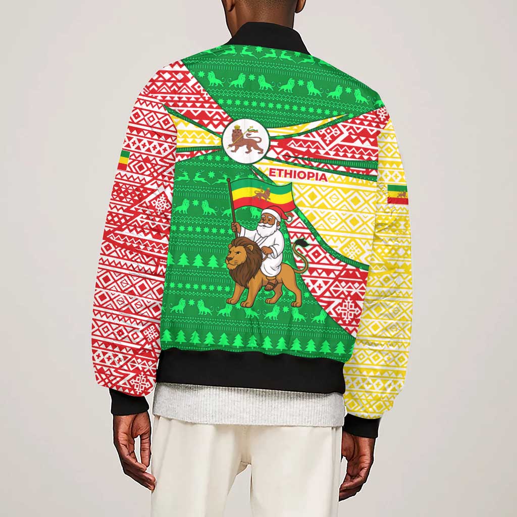 Ethiopia Christmas Sleeve Zip Bomber Jacket Santa Riding Lion Ethiopian Flag Colors and Tribal - African Pride