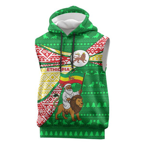 Ethiopia Christmas Sleeveless Hoodie Santa Riding Lion Ethiopian Flag Colors and Tribal - African Pride