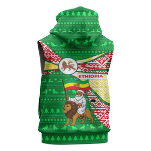 Ethiopia Christmas Sleeveless Hoodie Santa Riding Lion Ethiopian Flag Colors and Tribal - African Pride